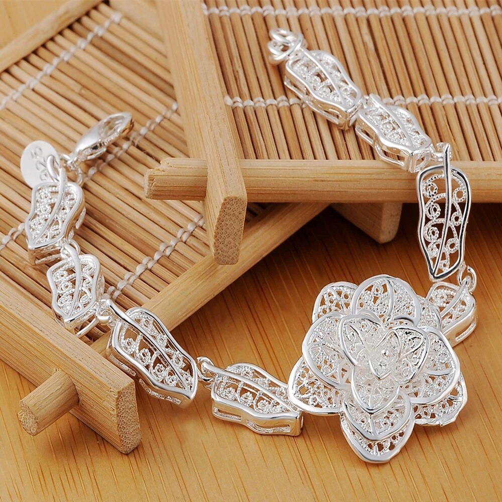 Hot charm 925 Stamp Silver color fine flower Pendant necklace earrings bracelet Jewelry sets for women Fashion Party wedding