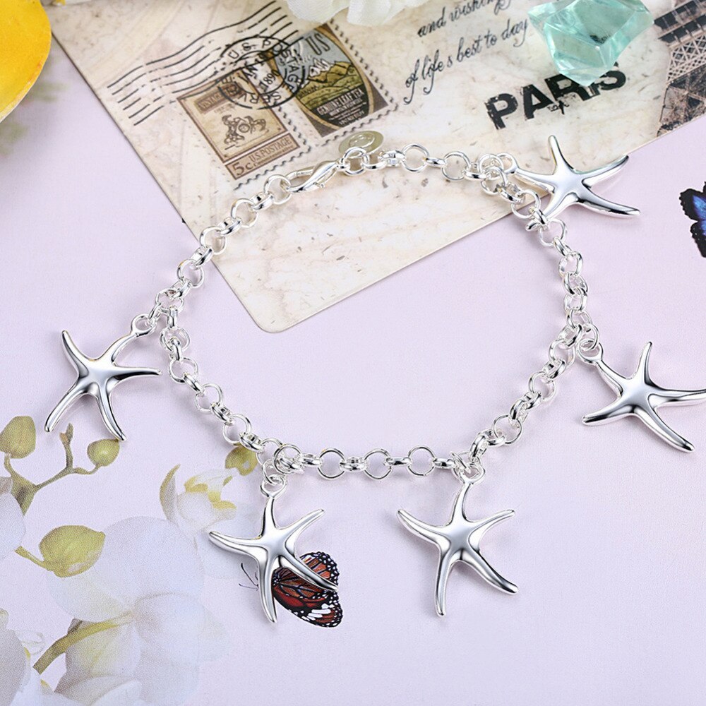 Fashion new 925 Stamp Silver color fine starfish Pendant Bracelet necklace earrings Jewelry set for women Party Christmas Gifts