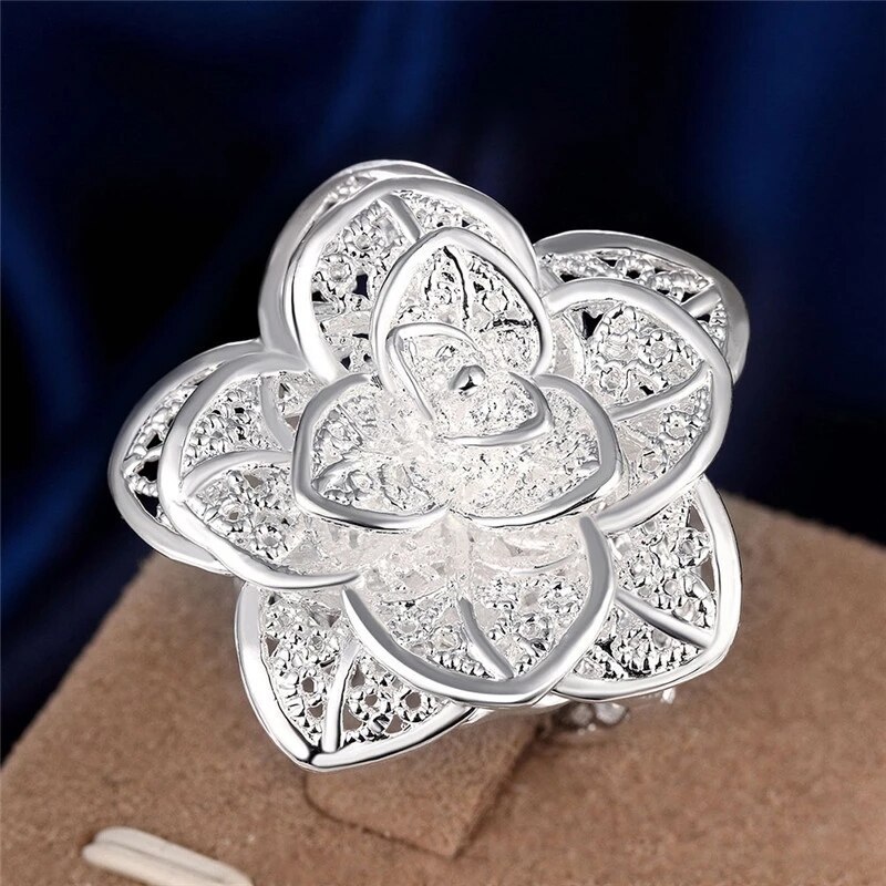 Hot popular 925 Stamp Silver color big flower bangle rings bracelet Jewelry sets for women fashion party wedding Christmas Gifts
