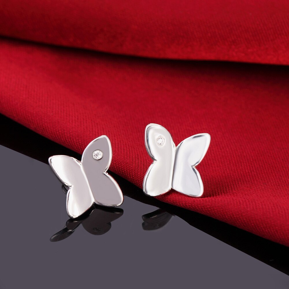 Fine 925 Stamp Silver color crystal butterfly earrings stud rings Jewelry sets for women Fashion happy Party wedding Gift