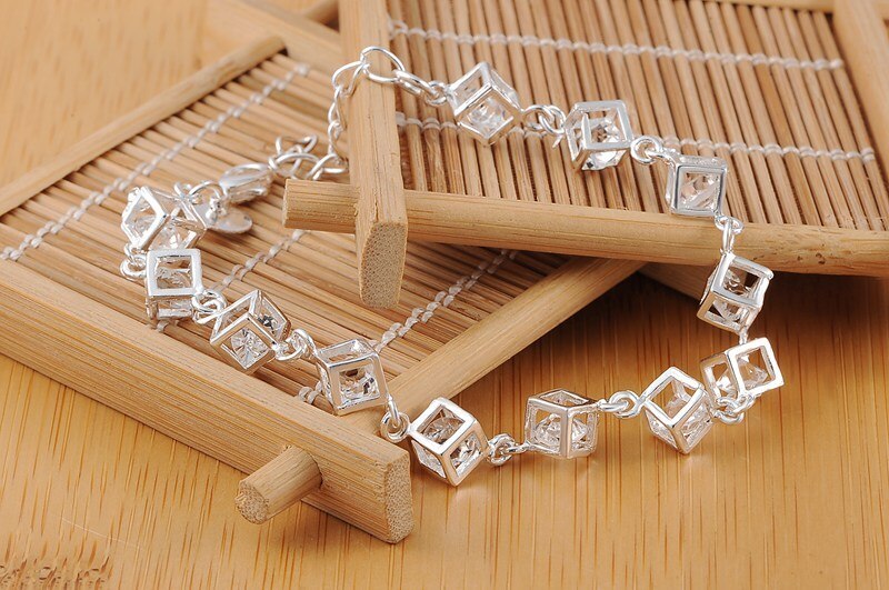Fashion 925 Stamp Silver color Bracelet for woman Shining crystal lattice chain fine Luxury jewelry Wedding party beautiful gift