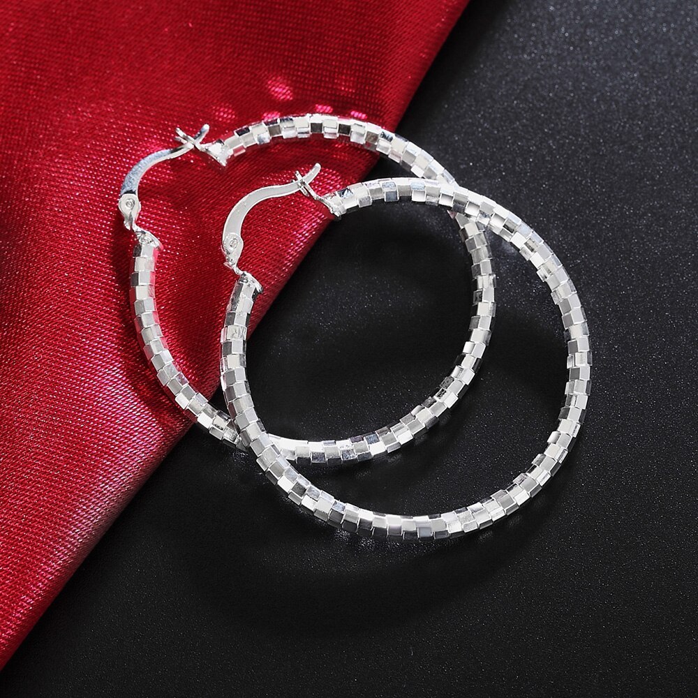 Solid 925 Stamp Silver color Earrings for Women Jewelry Sweet romantic Lattice pattern 4CM Big circle hoop Earrings wedding Gift