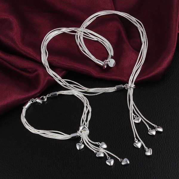 Fashion Women 925 Stamp Silver color tassels hanging heart Bracelets necklace Jewelry set Party Christmas Gift Girl wedding