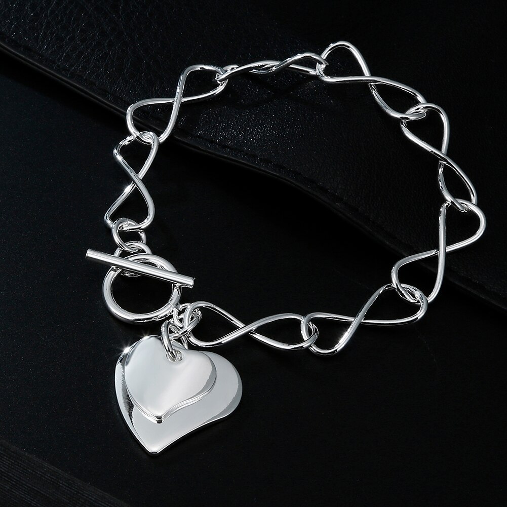 High quality 925 Stamp Silver color romantic Double Heart Pendant Bracelets for women Fashion party wedding accessories Jewelry