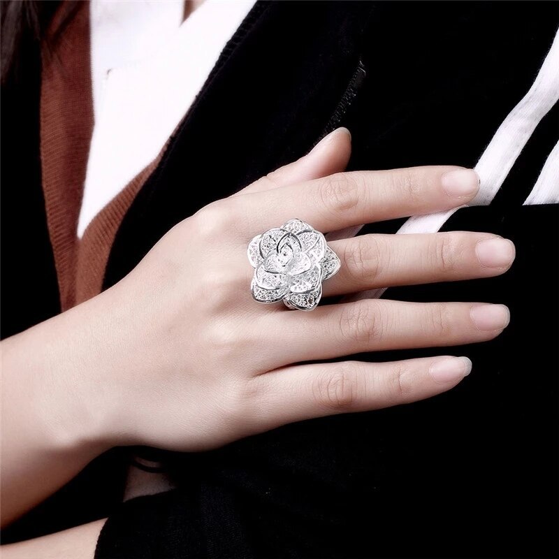 Hot charm women 925 Stamp Silver color Jewelry sets fine flower earrings necklace rings 18 inch Fashion Party wedding girl Gift