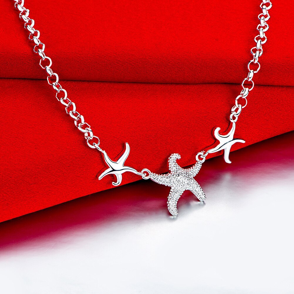 New hot 925 Stamp Silver color Beautiful three starfish Pendant Necklace For Women 18 inch Fashion Jewelry Gift wedding
