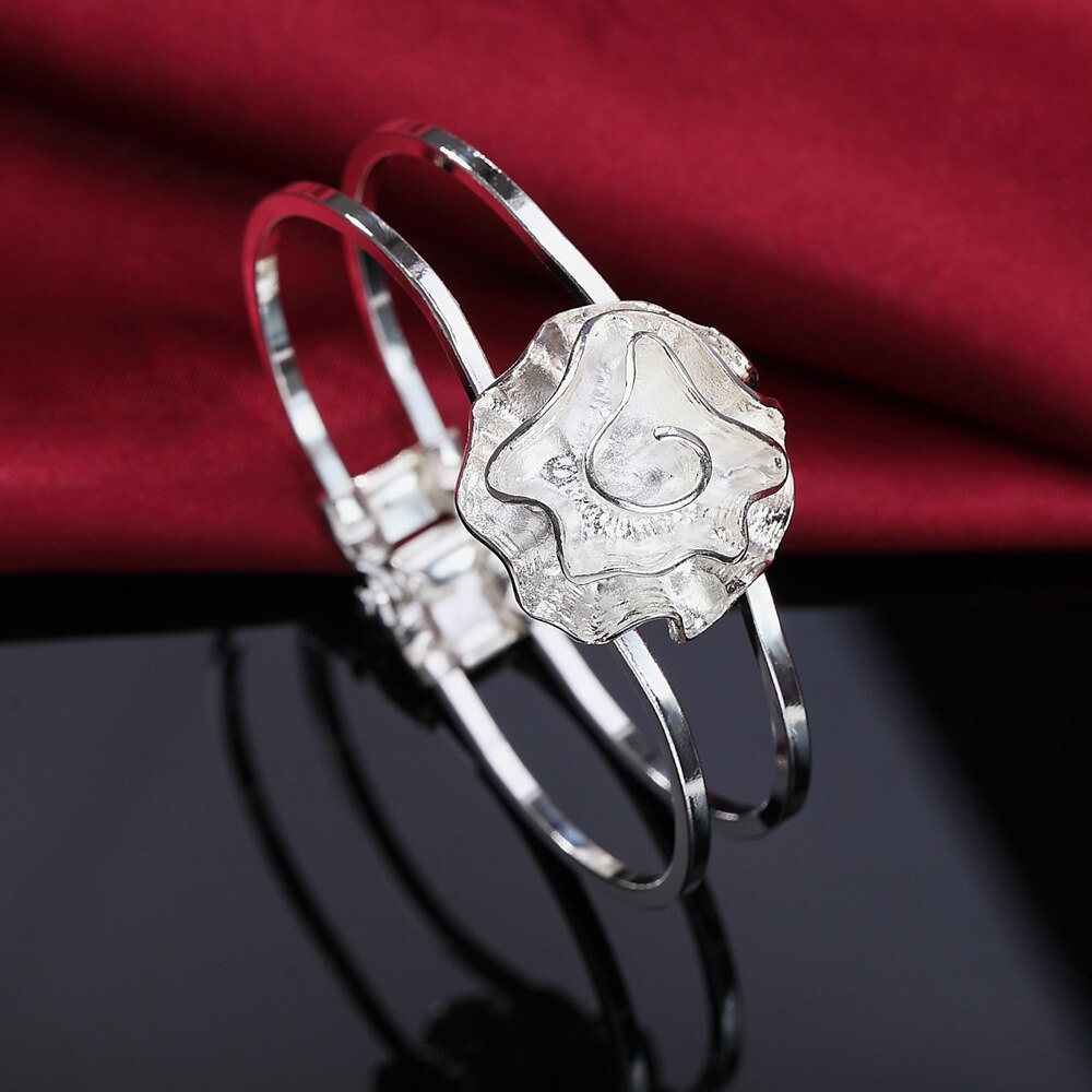 Fine 925 Stamp Silver color Jewelry set rose flower bangle rings Bracelets necklaces earring stud for women wedding gift