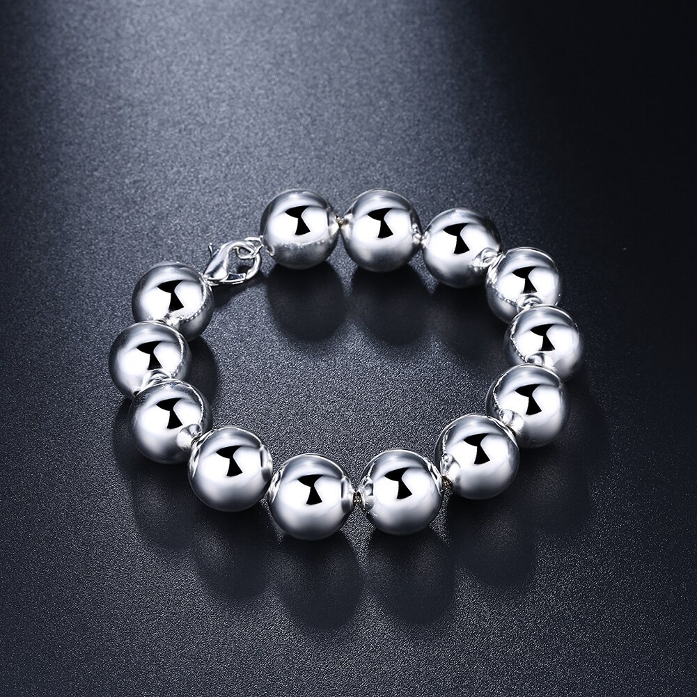 New 925 Stamp Silver color Bracelet for woman man Classic 14MM Big beads chain Wedding party Christmas Gifts fashion Jewelry