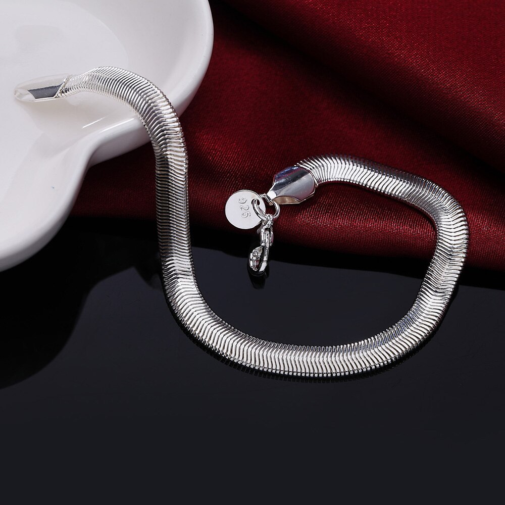 Hot sale fashion 925 Stamp Silver color Bracelet for woman classic 6MM Flat snake bone chain Wedding party Gifts Street jewelry