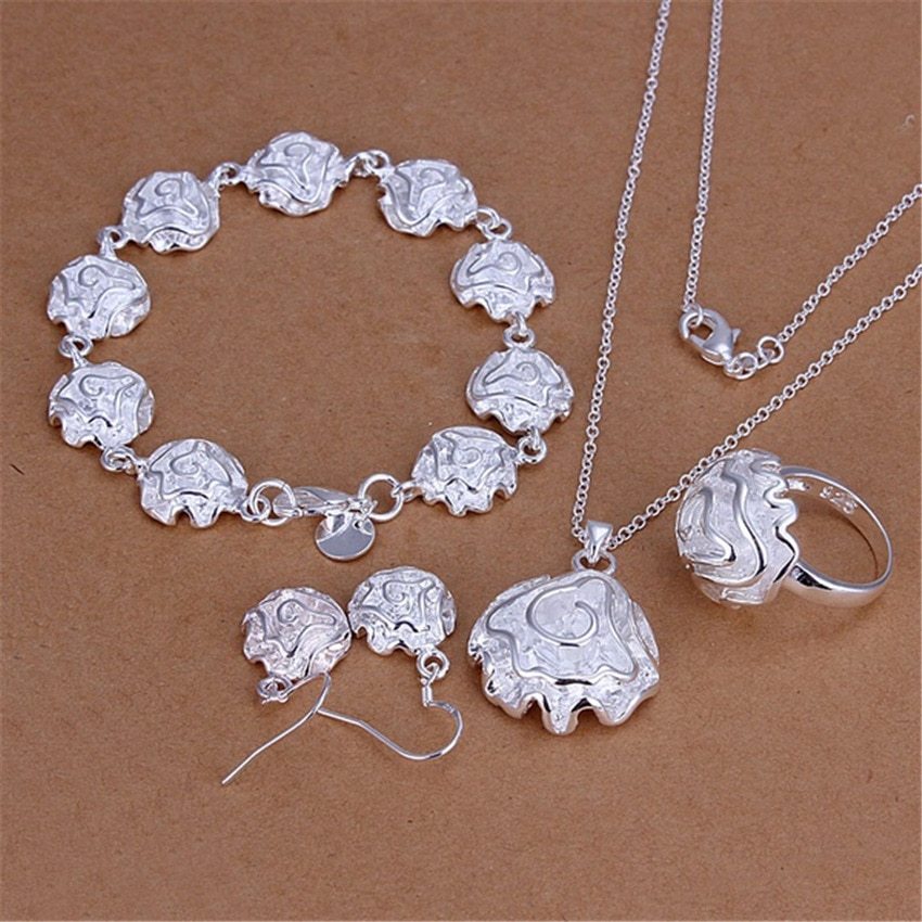 Hot new 925 Stamp Silver color Jewelry set fine rose flower Pendant rings Bracelets necklace earring for women Party gift