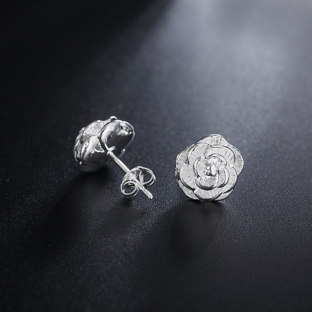 Fine 925 Stamp Silver color rose Flower bud Earring stud for Women Fashion Valentine's Day Gifts classic party wedding Jewelry