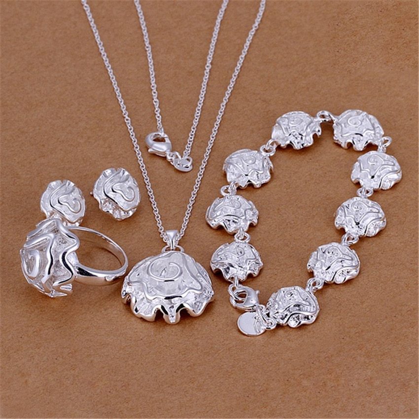 Fashion 925 Stamp Silver color set Rose flower Pendant necklaces rings Bracelets earrings stud Jewelry for women Fashion Party
