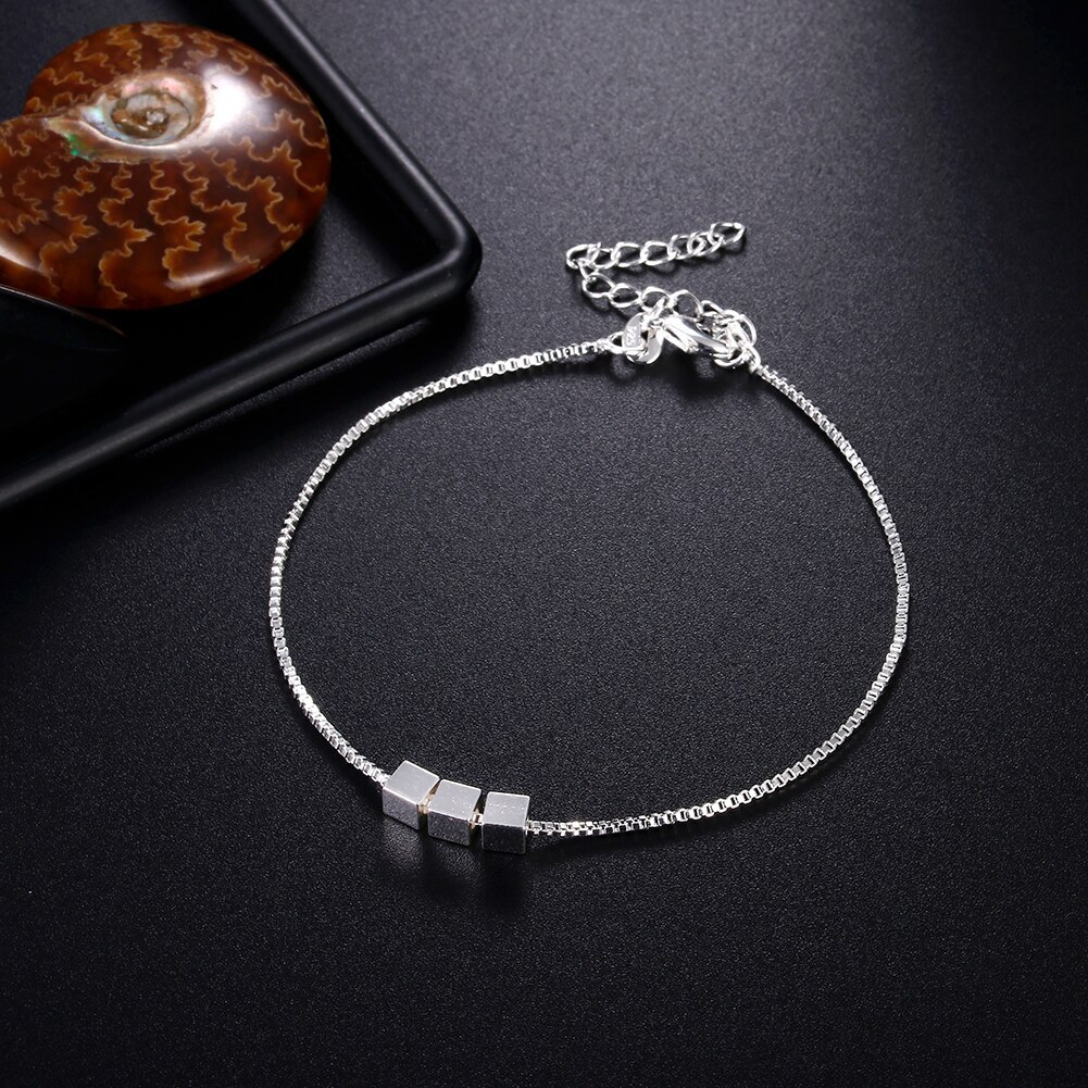 New 925 Stamp Silver color Simple 3 squares box Chain Bracelets for Women Fashion classic Wedding Party Christmas Gift Jewelry