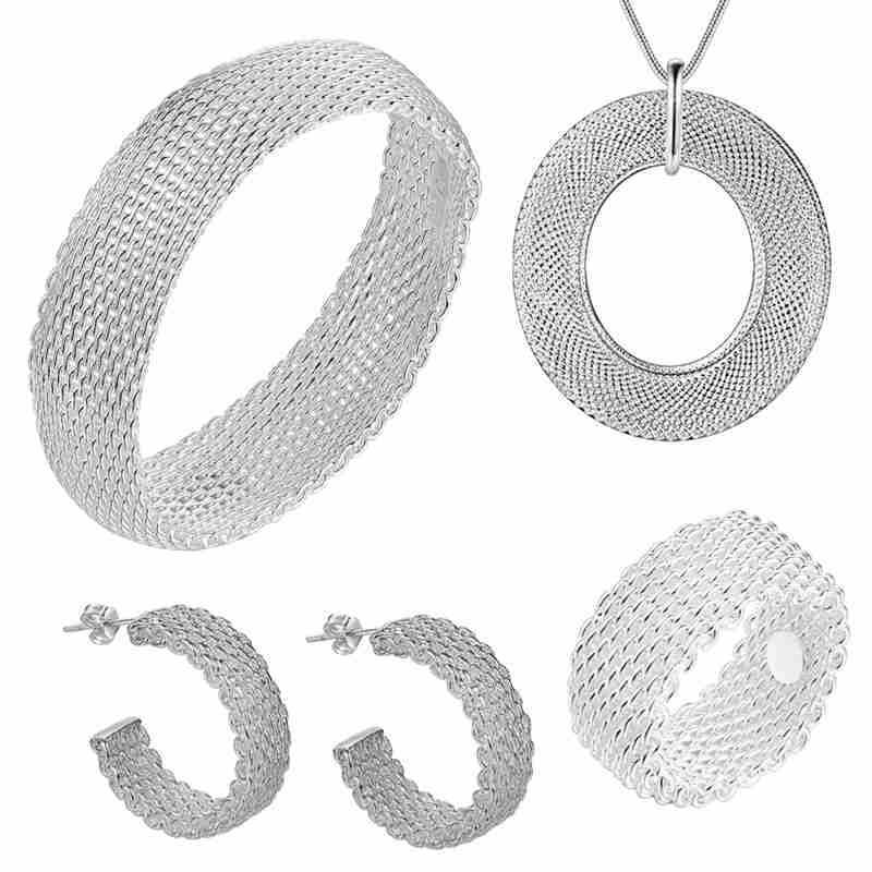 925 Stamp Silver color classic Woven Mesh pendant necklace earrings bangle ring for women fashion luxury jewelry set fine gifts