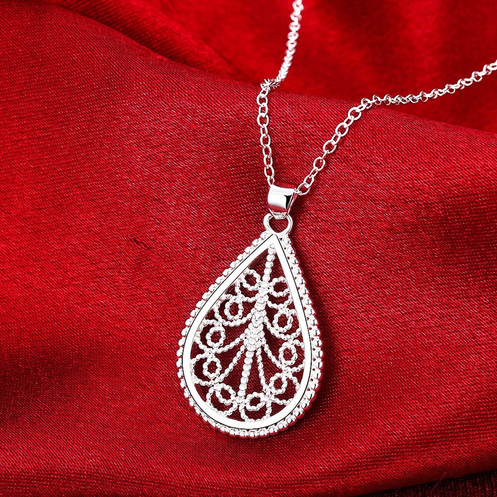 Classic 925 Stamp Silver 18 inches charms Drop shape Pattern Pendant Necklace For Women Fashion boble Jewelry Christmas Gifts
