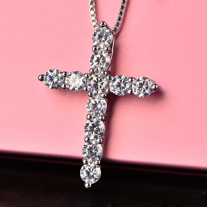 925 Stamp Silver color Necklace For Woman men 18 inch Box chain Shiny crystal classic cross Pendant Fashion luxury Jewelry Gifts