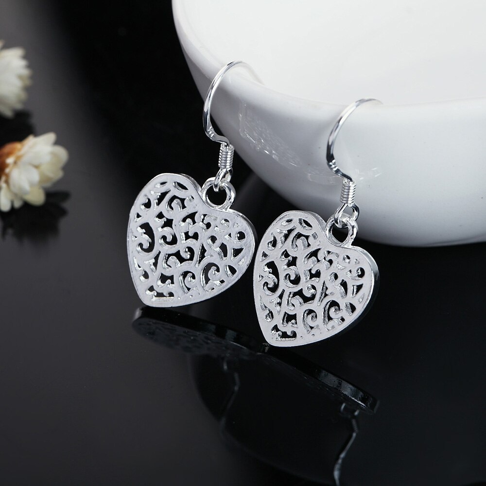 Special offer 925 Stamp Silver color heart Earrings for Women elegant fashion Jewelry Christmas Gift party wedding long earrings