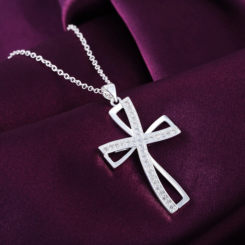 925 Stamp Silver color 18 inch AAA Zircon Elegant cross pendant Necklace For Women Fashion party wedding Jewelry Christmas Gifts