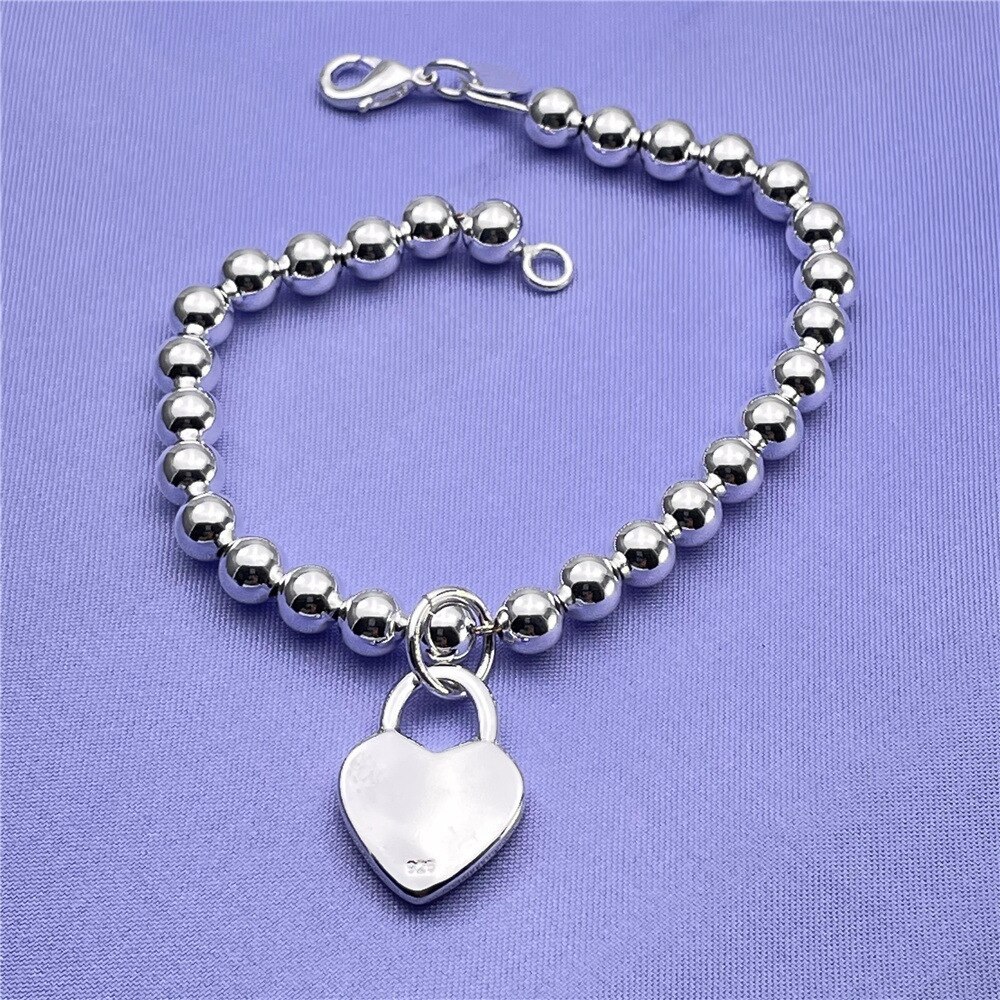 925 Stamp Silver color Pretty 6MM beads chain Heart Bracelets for Women Fashion party wedding accessories Jewelry Christmas gift