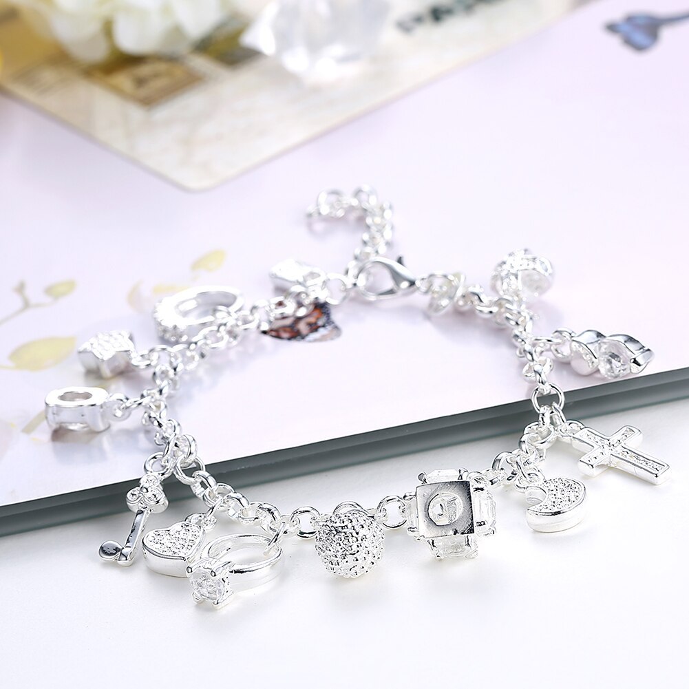 Hot sale fashion 925 Stamp Silver color Bracelet for woman Pretty heart Zircon Pendant chain Wedding party Gifts classic Jewelry