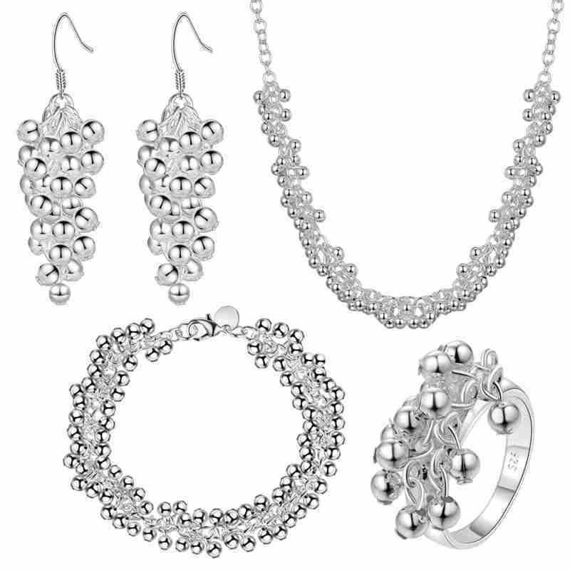 Original designer 925 Stamp Silver color Grape beads necklaces earrings bracelets rings jewelry set for women fashion party
