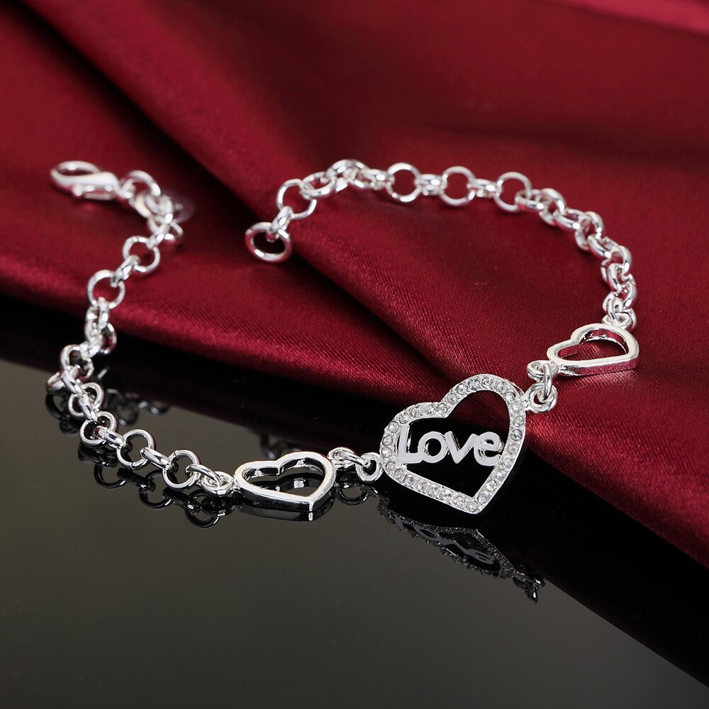 Factory direct 925 Stamp Silver color Bracelets for Women crystal LOVE heart Fashion Wedding Party Christmas Gifts fine Jewelry