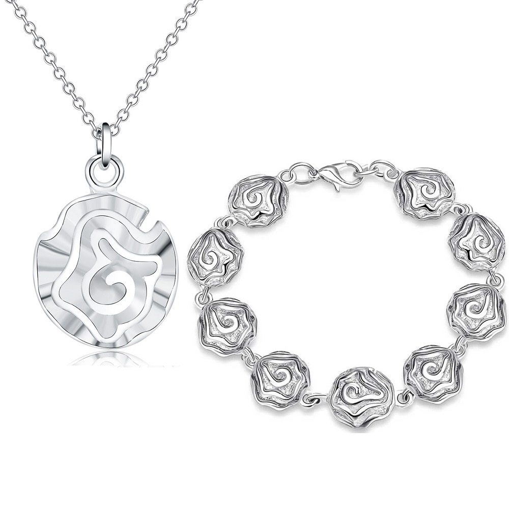 Hot 925 Stamp Silver color beautiful rose flower Bracelets necklaces Jewelry set for women fashion Party wedding Christmas gifts