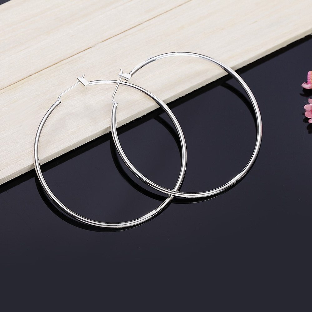 High Quality Solid 925 Stamp Silver color Earrings for Women Party Jewelry 5CM Big Circle Earrings Fashion lady Christmas Gifts