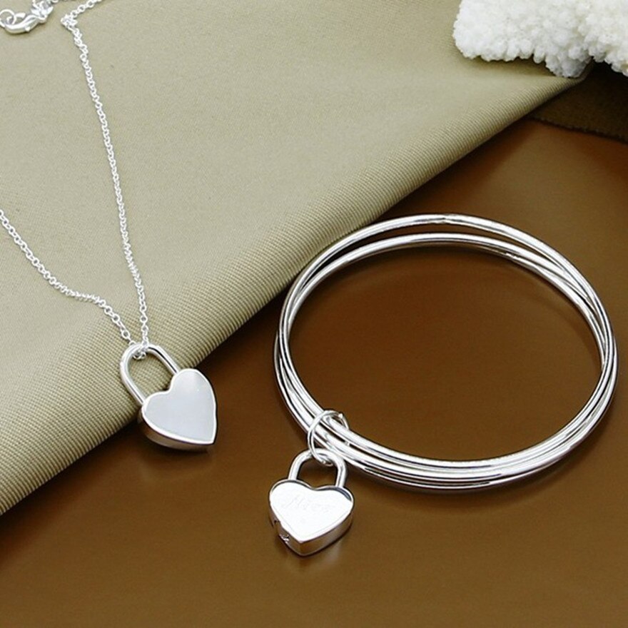 hot sale 925 Stamp Silver color Charms heart Necklace Bangle 6.5cm jewelry sets cute for lover women wedding fashion jewelry set