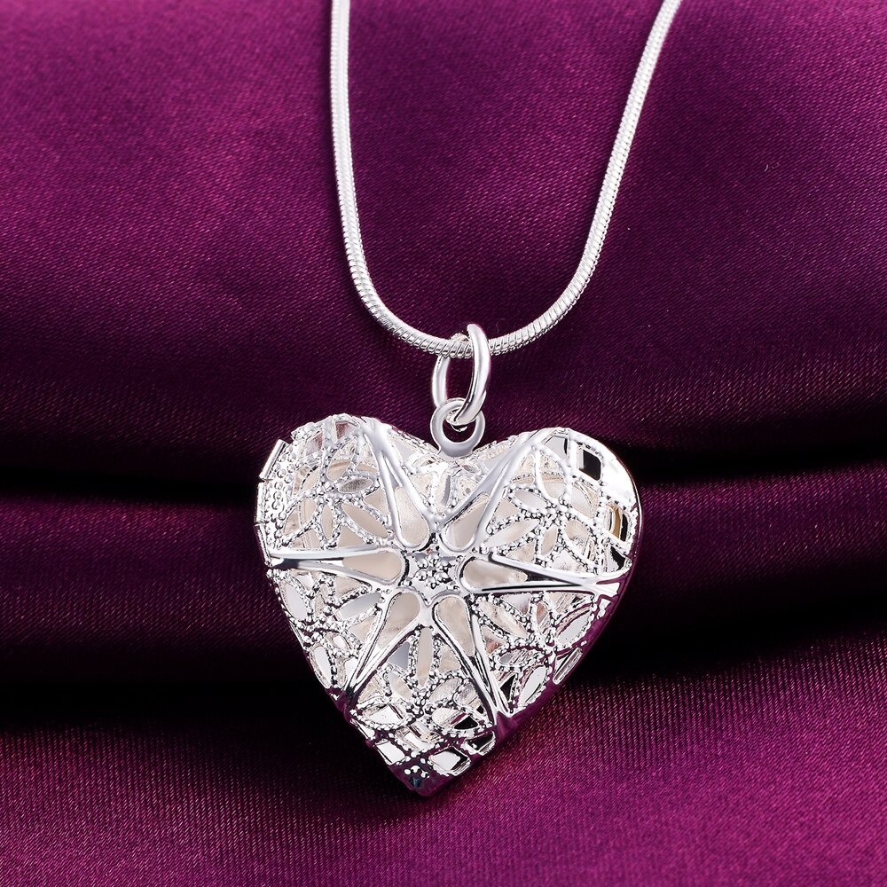 Hot 925 Stamp Silver color Pattern heart photo frame Pendant Necklace For Women 18 inches Christmas gift fashion wedding Jewelry