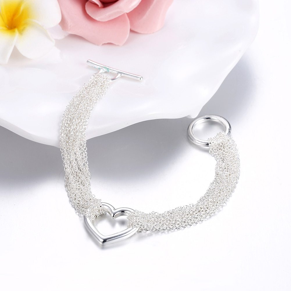 925 Stamp Silver color charm Tassel Chain Heart bracelets neckalce jewelry set for women Fashion Party wedding  gift