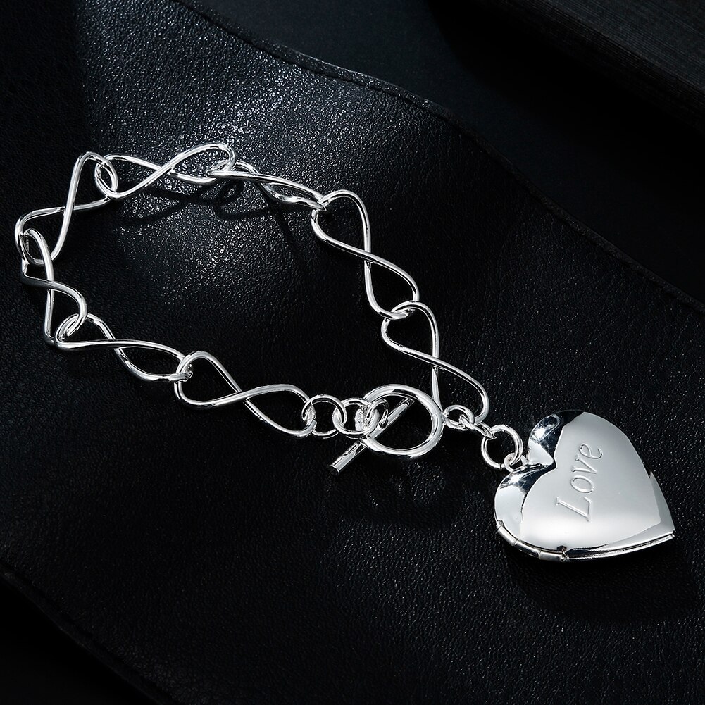 New 925 Stamp Silver color romantic LOVE Heart Frame Pendant Bracelets for women accessories Fashion charm party Wedding Jewelry