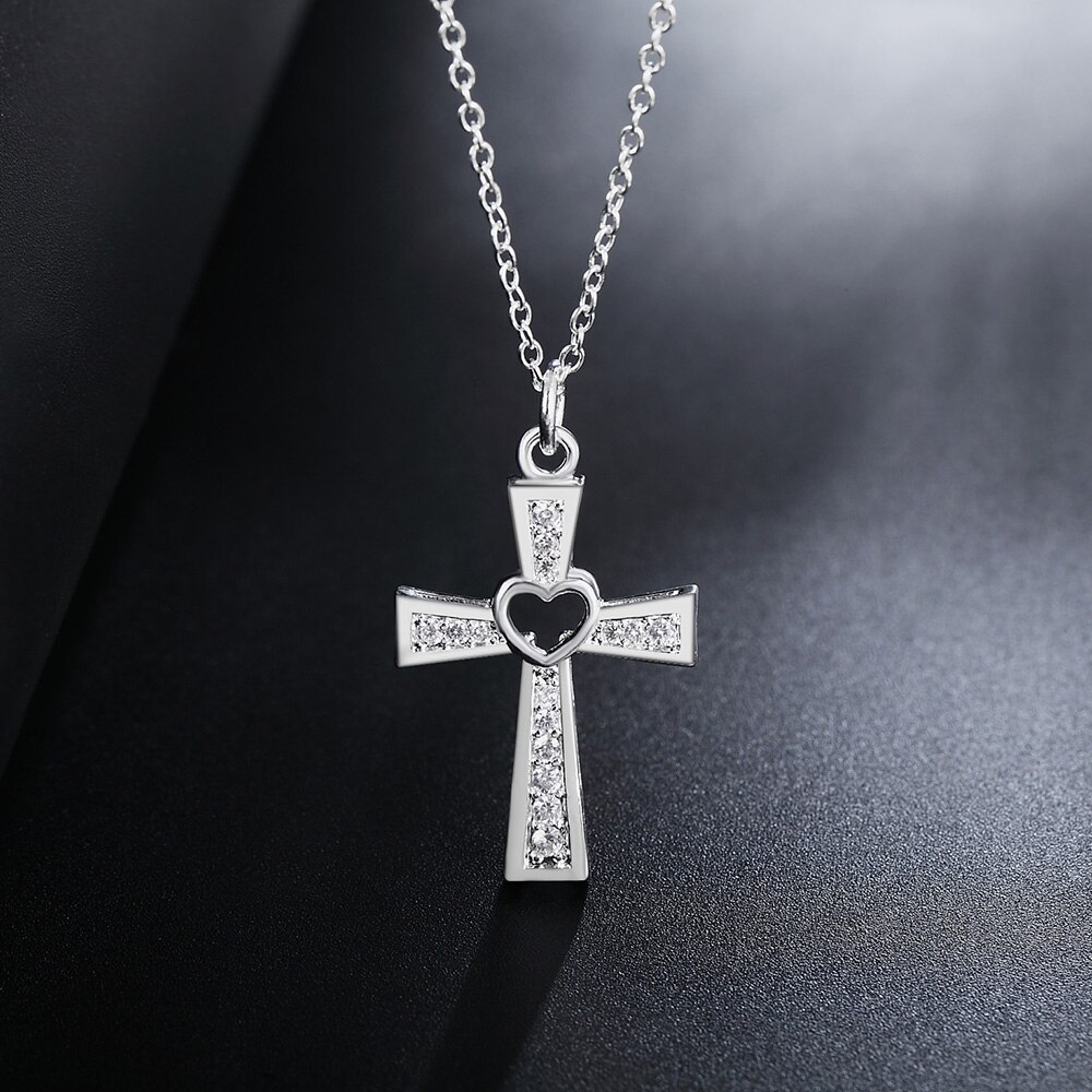 Hot fashion 925 Stamp Silver color Necklace For Women luxury Wedding Jewelry Wild crystal cross pendant chain neckalce gift