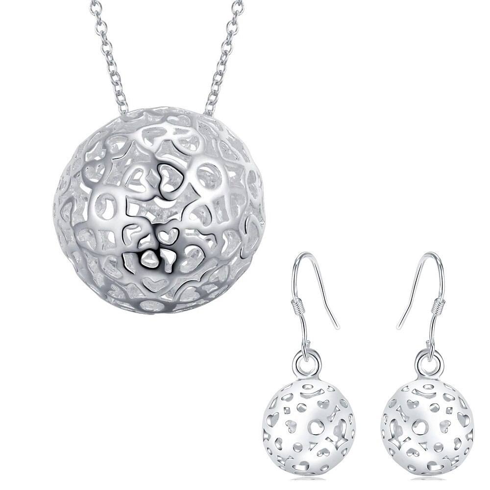 Hot charm 925 Stamp Silver color Hollow Ball Pendant necklace earrings Jewelry set for women Fashion Party wedding Gifts