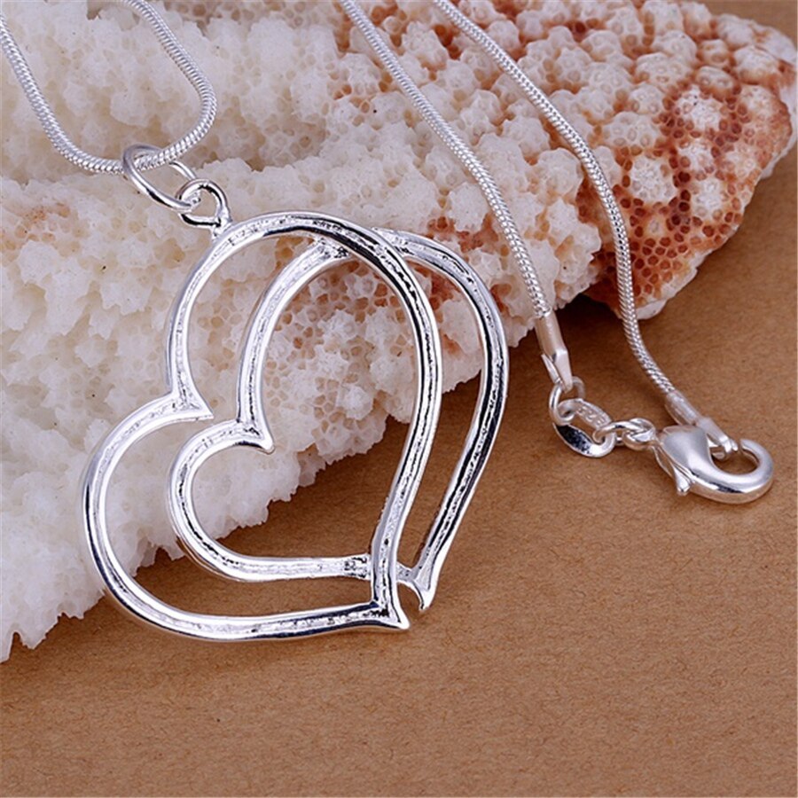 Charm hot 925 Stamp Silver color Double Heart Pendant necklace for women Fashion Jewelry Chain Wedding party Christmas Gift