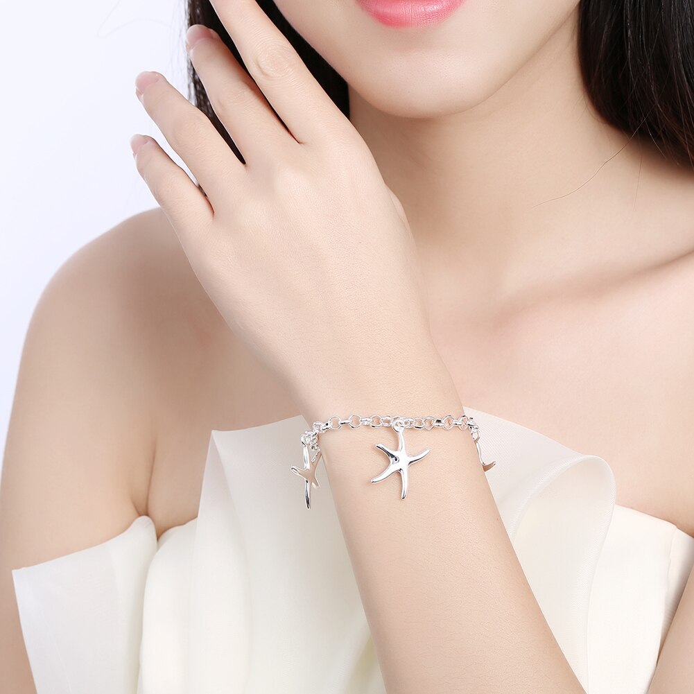 Fashion new 925 Stamp Silver color fine starfish Pendant Bracelet necklace earrings Jewelry set for women Party Christmas Gifts
