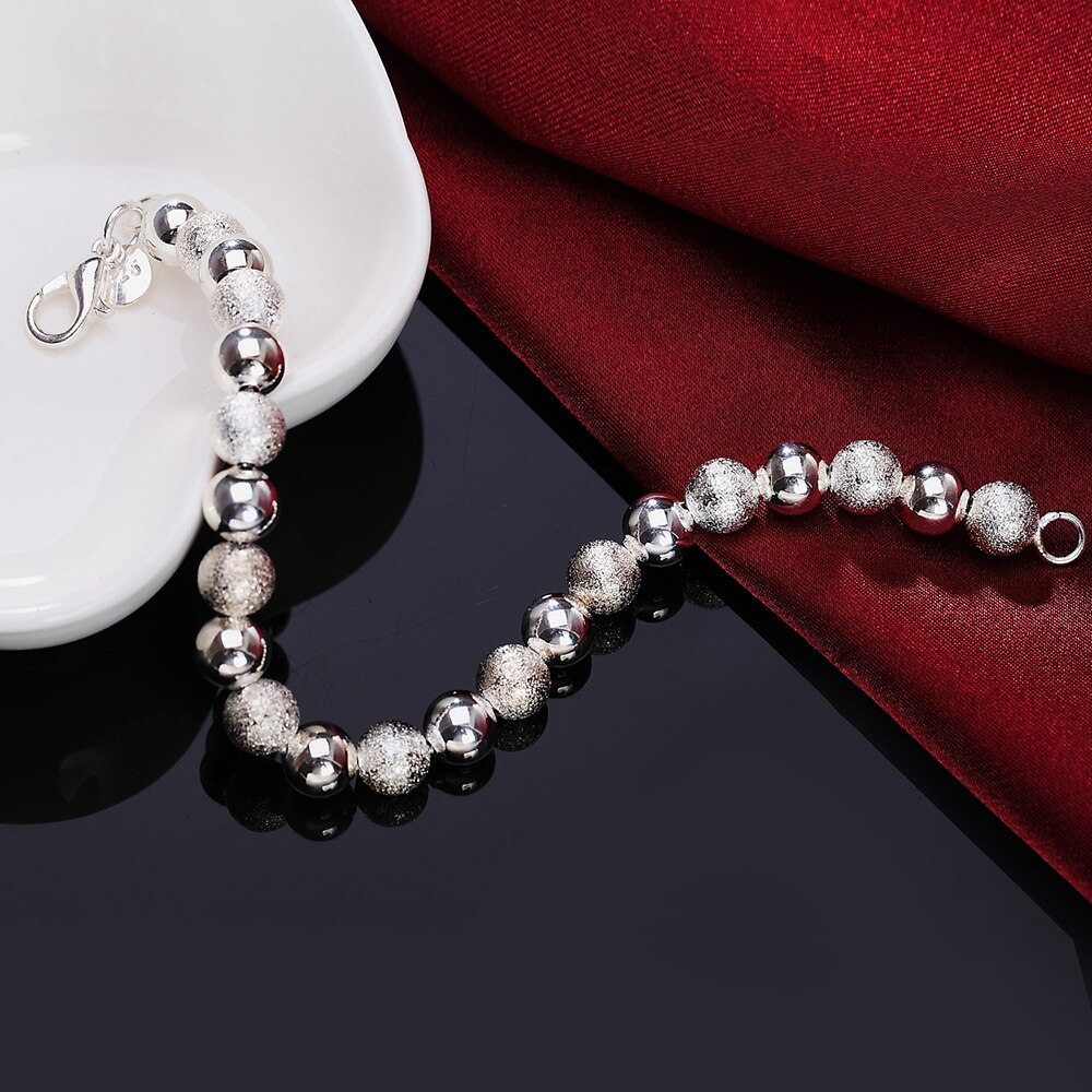 New charm 925 Stamp Silver color Bracelet for woman man 8MM Frosted beads chain Wedding party Christmas Gifts fashion Jewelry