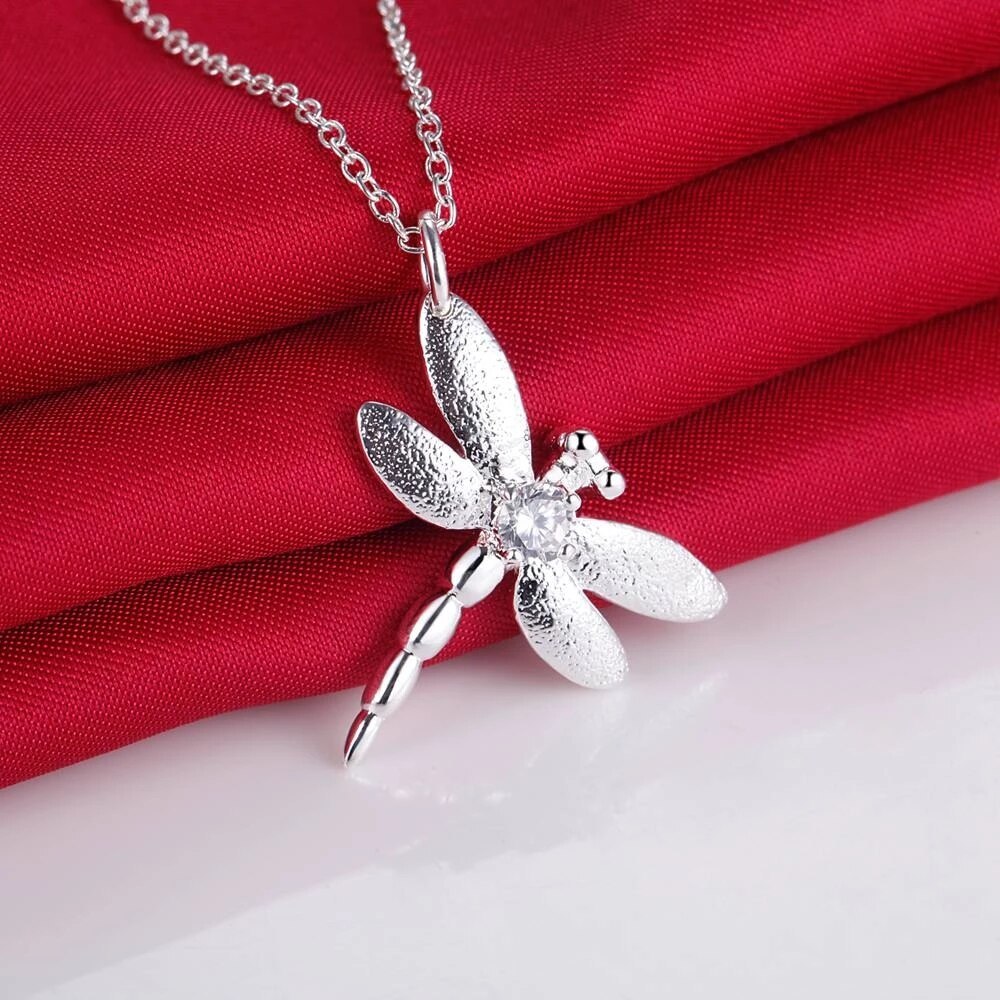 Fashion fine 925 Stamp Silver color women Crystal dragonfly pendant necklace earring ring Jewelry set Party wedding gifts