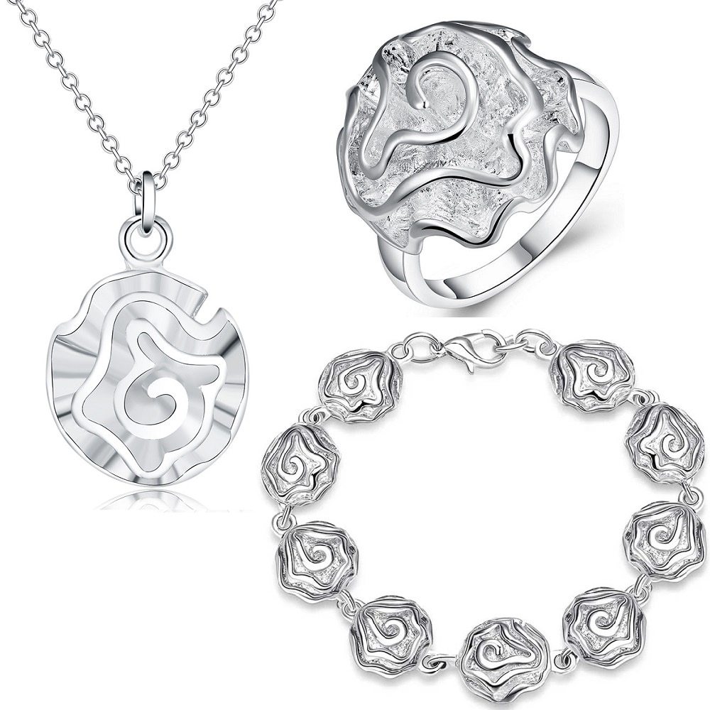 Luxury 925 Stamp Silver color fine rose flower Jewelry set rings Bracelets necklaces for women fashion Party wedding gift