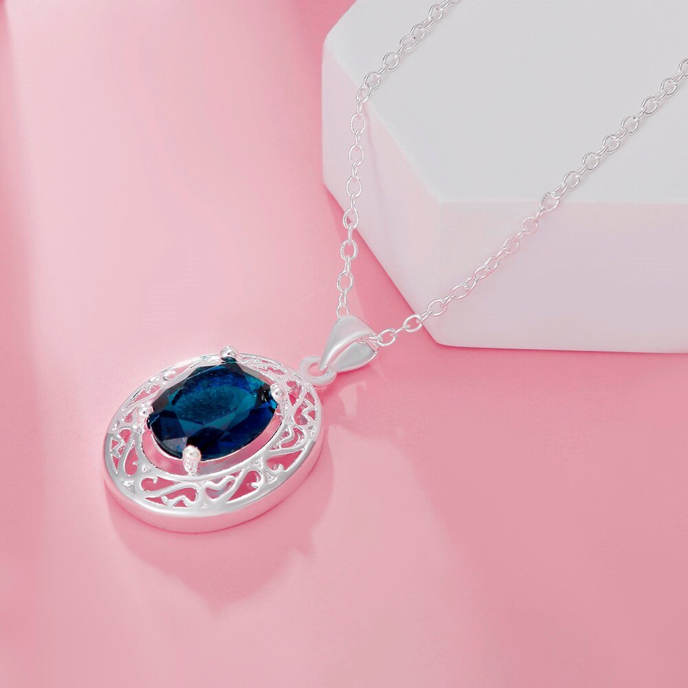 Charm 925 Stamp Silver classic Blue Crystal Oval Pendant Necklaces rings For Women fashion designer party wedding Jewelry sets