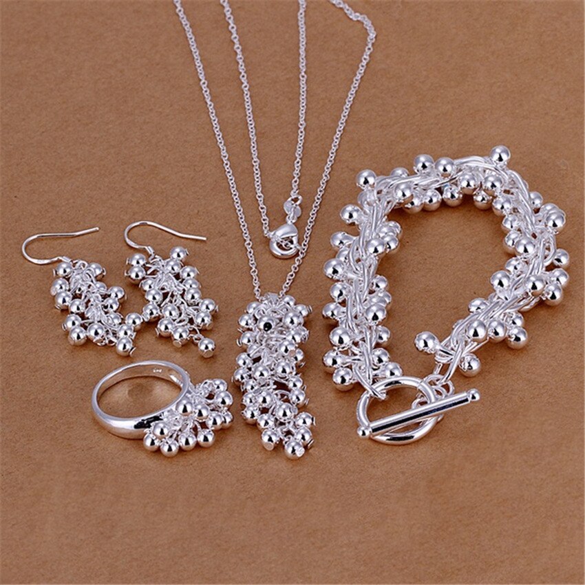 925 Stamp Silver color fine Grape beads pendant Jewelry set earrings bracelet rings necklaces for women Fashion wedding Party
