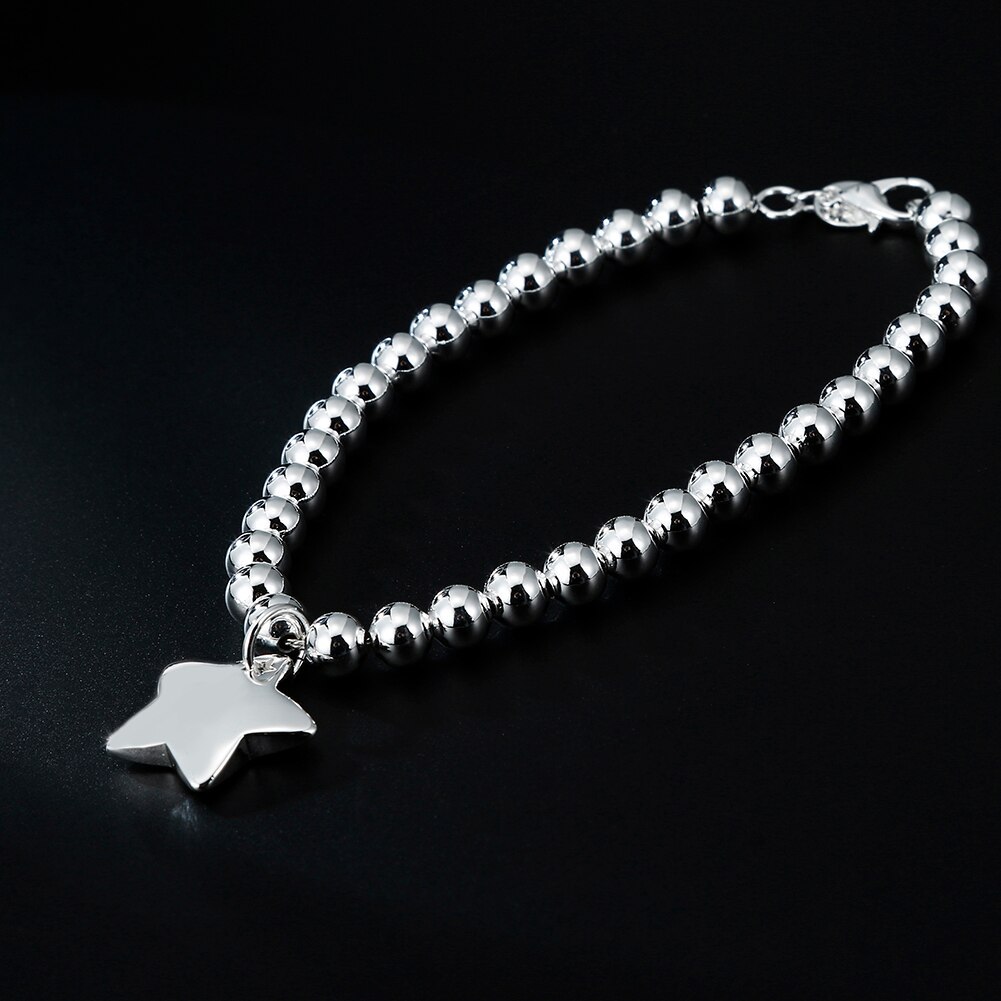 New 925 Stamp Silver color 4MM Bead Chain Star Pendant Bracelets for women fashion party Wedding accessories Jewelry Couple gift