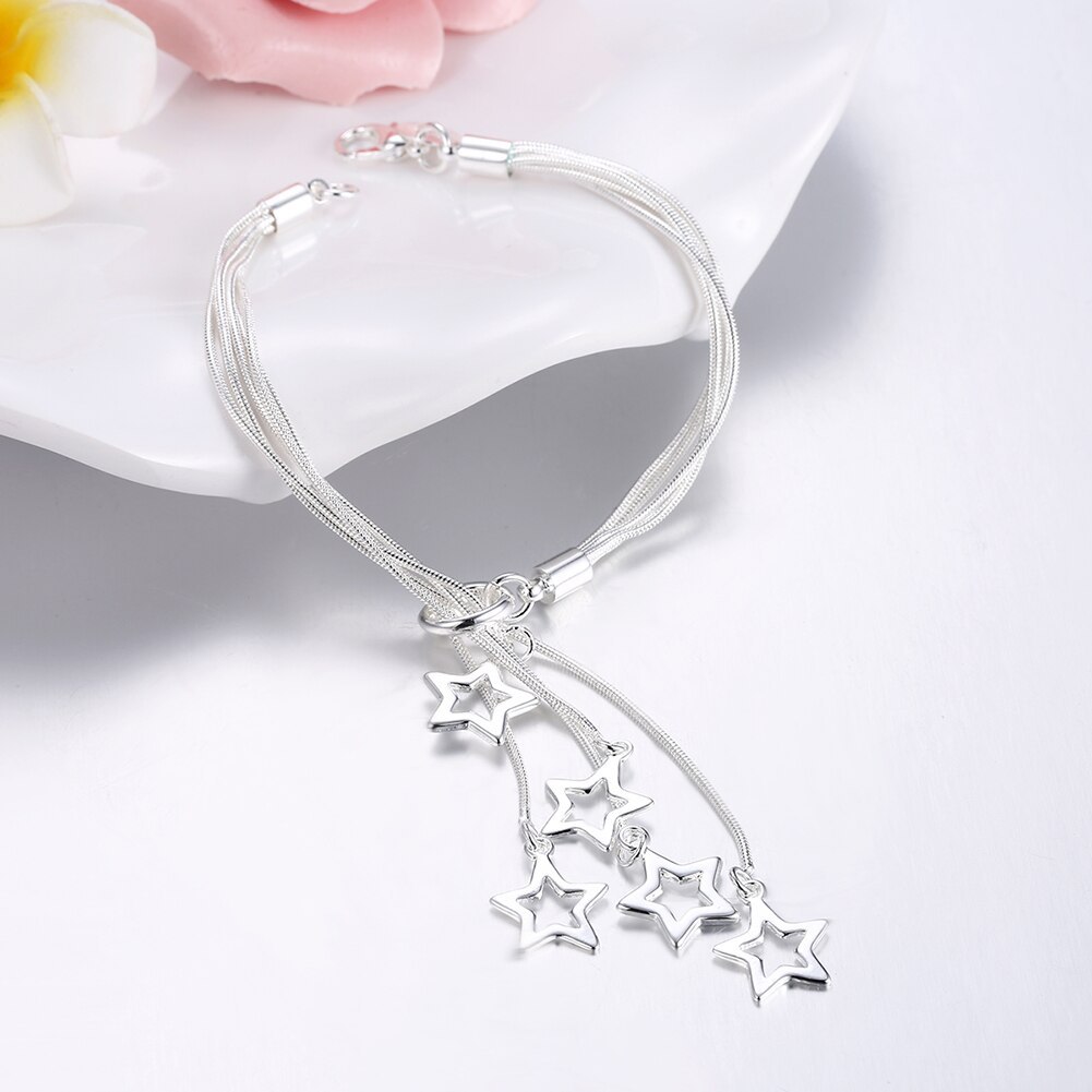 Hot sale fashion 925 Stamp Silver color Bracelet for woman Pretty Tassel chain star pendant Wedding party Gifts classic Jewelry