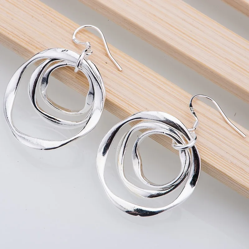 Fine 925 Stamp Silver color Beautiful round circel pendant necklaces earrings for women fashion party wedding jewelry sets gifts