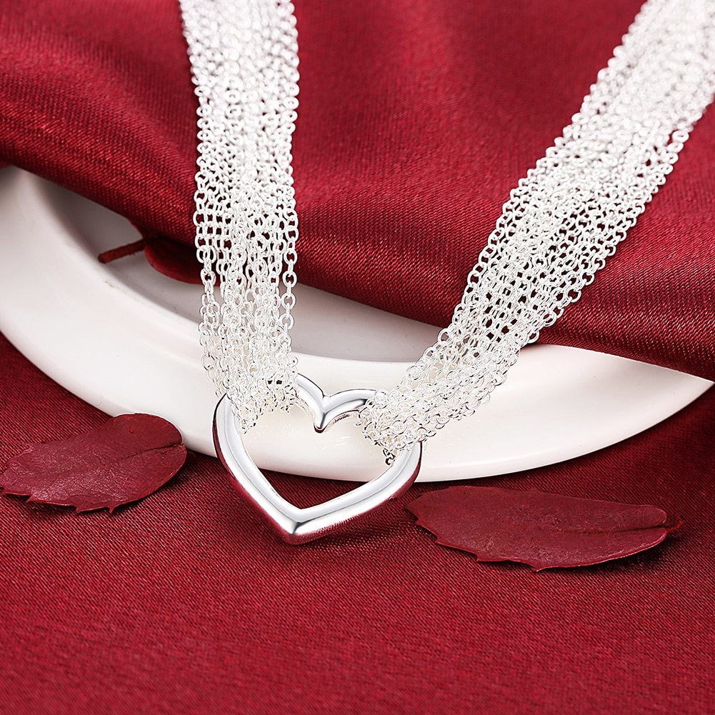 925 Stamp Silver color charm Tassel Chain Heart bracelets neckalce jewelry set for women Fashion Party wedding  gift