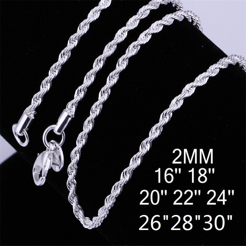 Hot korean fashion 2MM 16-30INCHES 925 Stamp Silver color Rope chain Necklace for woman party wedding accessories jewelry gifts