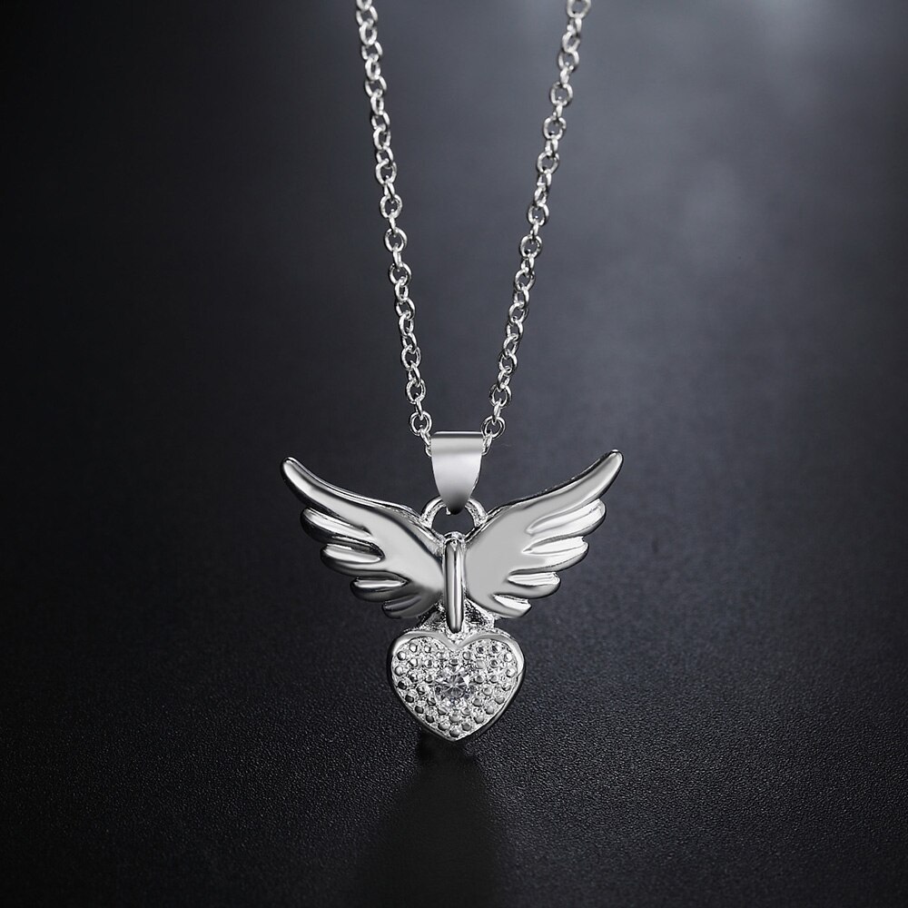 New 925 Stamp Silver color 18 inches Zircon elegant Heart wings Pendant Necklace For Women Fashion wedding Jewelry Gifts