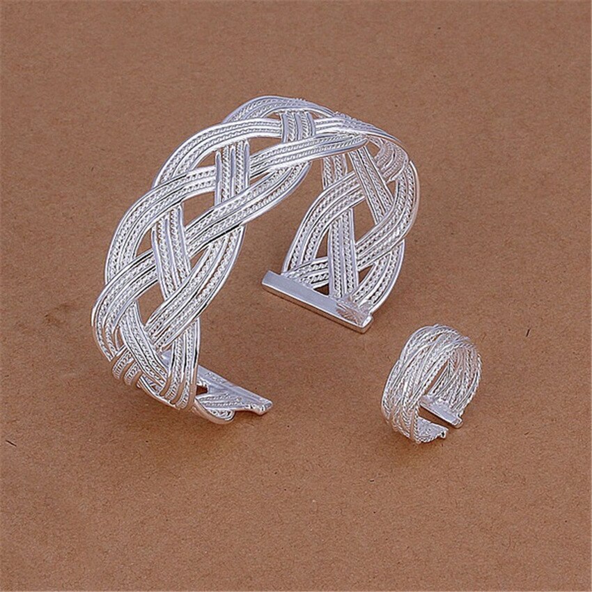 925 Stamp Silver color rings Bracelets Jewelry set fine wide Weave bangles adjustable size Fashion wedding Party Holiday gifts