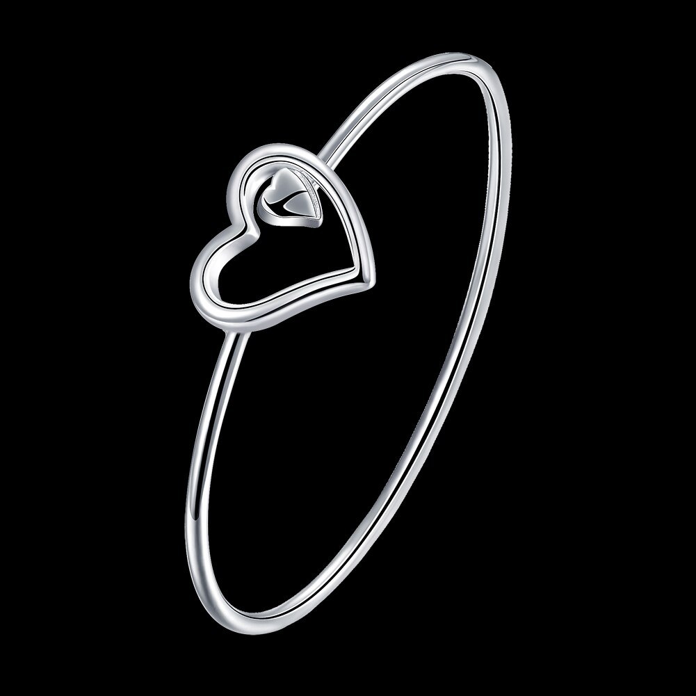 Hot fine 925 Stamp Silver color Romantic heart Bangles bracelets for women Couple gifts fashion party wedding engagement jewelry