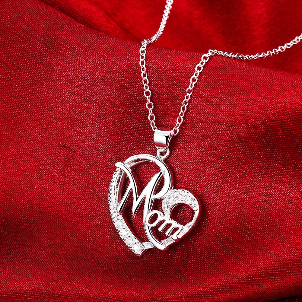 Romantic 925 Stamp Silver color Charm MOM AAA Zircon Heart Pendant Necklace For Women Fashion Jewelry 18 inches Gifts